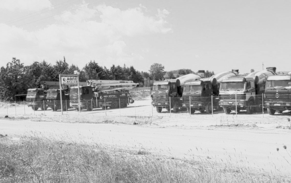 Black and white image of the company vehicles